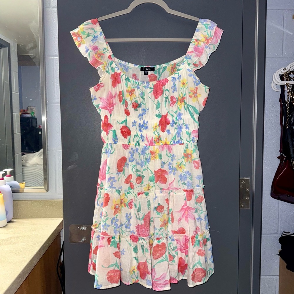 Trixxi Floral Ruffle Sundress in White with Colorful Flowers